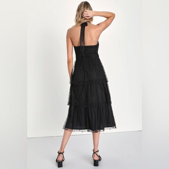 Lulus Positively Precious Black Floral Mesh Tiered Halter Midi Dress, Sz XS, NWT - Picture 4 of 10